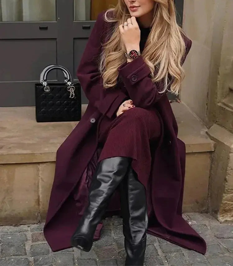 Elegant Bordeaux Lapel Mix Maxi Overcoat - PROVYLO