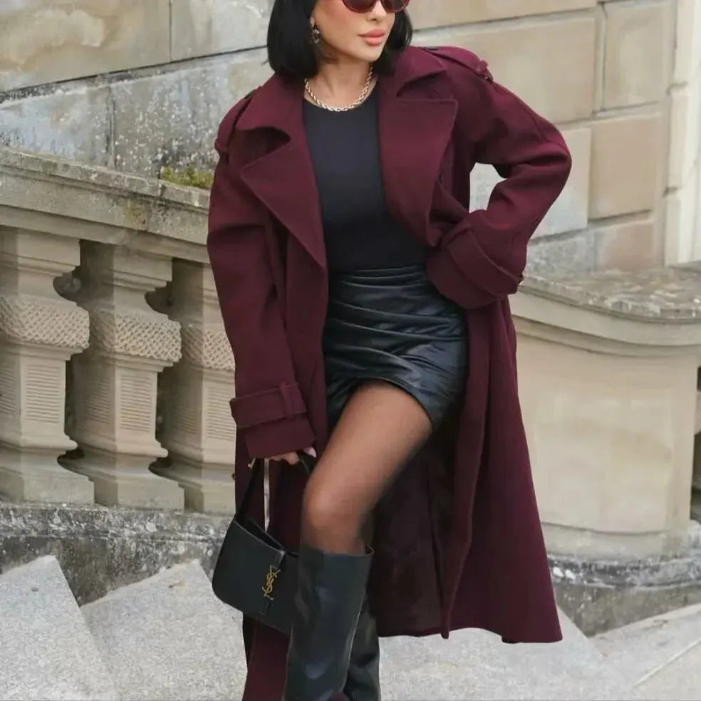 Elegant Bordeaux Lapel Mix Maxi Overcoat - PROVYLO