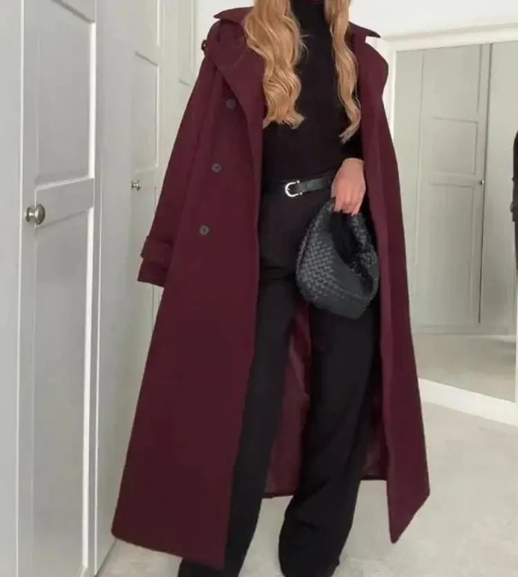 Elegant Bordeaux Lapel Mix Maxi Overcoat - PROVYLO