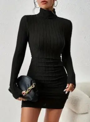 Sexy Black Turtleneck Mini Dress - PROVYLO