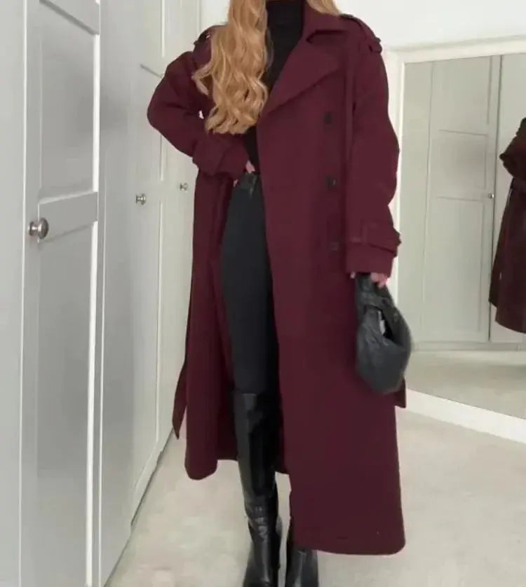 Elegant Bordeaux Lapel Mix Maxi Overcoat - PROVYLO
